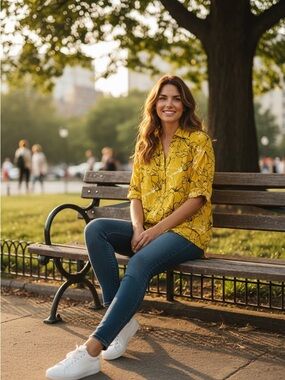 Alfani Mustard Yellow & Black Floral-Print Elastic Sleeve Tunic Blouse Size XS